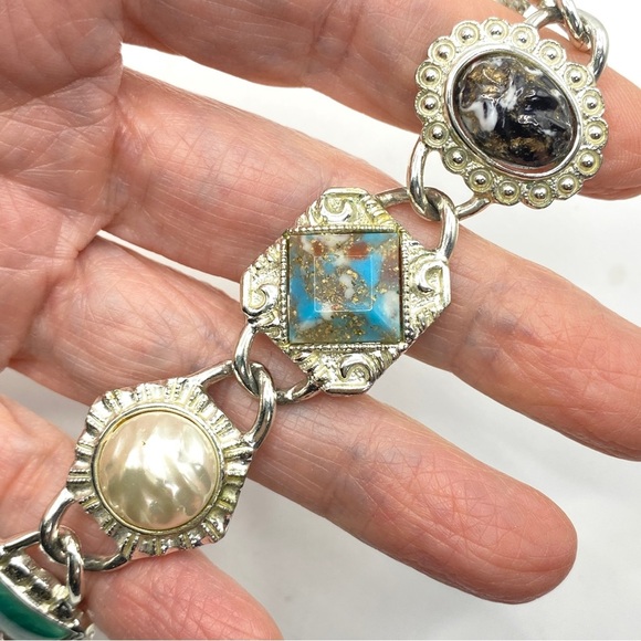 SARAH COVENTRY Faux Gemstone Cabachon Silver Tone Chunky Vintage Bracelet - Picture 5 of 9